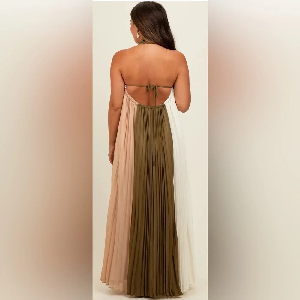 Pinkblush Olive Colorblock Pleated Halter Neck Maternity Maxi Dress Size Large - Picture 3 of 4